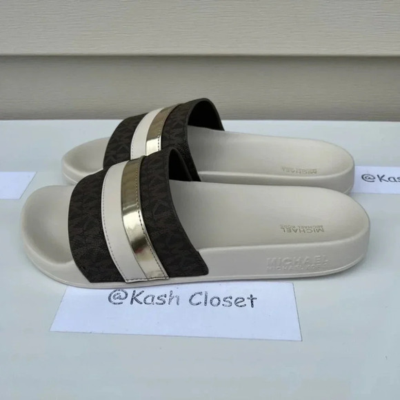 Michael Kors Brandy Metallic Striped Logo Slide Sandal- Cream - Picture 1 of 5